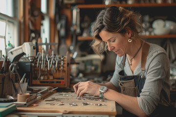 Fototapeta premium A woman making jewelry in her office filled with tools.