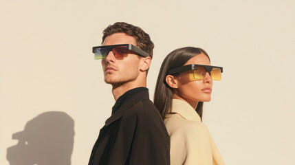 Stylish duo with futuristic glasses against bright sun