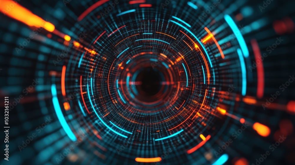 Poster futuristic abstract tunnel of glowing neon lines in blue and orange, representing data flow and digi