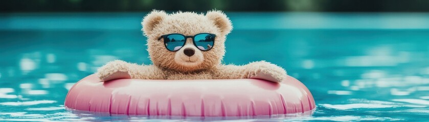 A cute teddy bear wearing sunglasses floats on a pink inflatable ring in a serene pool, perfect for summer-themed imagery and joyful moments.