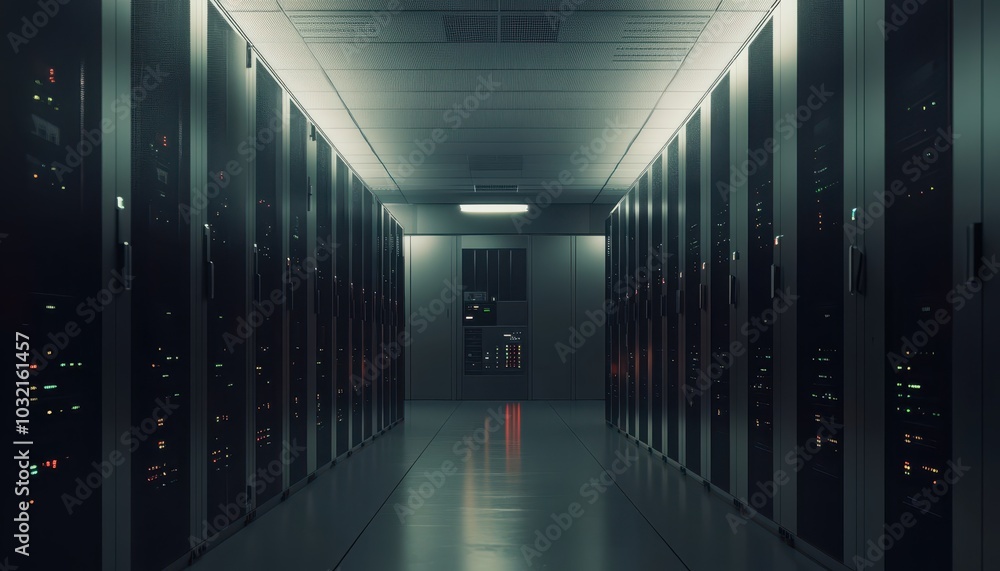 Poster modern data center server room featuring rows of servers in dim lighting