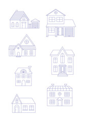 Set of flat lined suburban homes, houses. Icones
