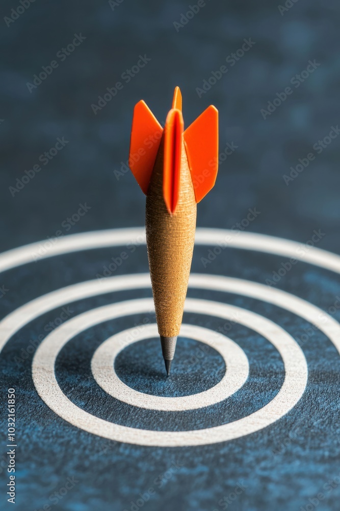 Poster a close-up of a colorful dart resting on a target, symbolizing precision, focus, and success in achi