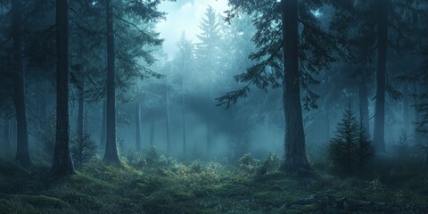 Fototapeta premium Misty forest with tall trees and fog.