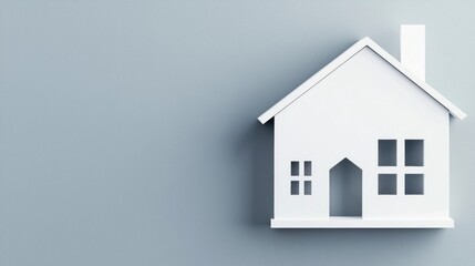 Minimalist white house model on a gray background, symbolizing home ownership, architecture, and contemporary design.