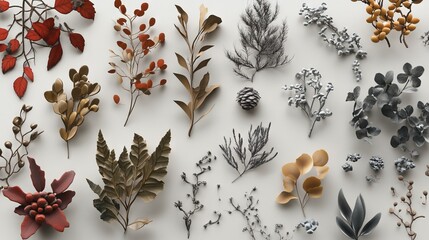 an artfully arranged collection of hyper-detailed flora and fauna elements, from twining vines to seed pods, ready for seamless integration into larger designs