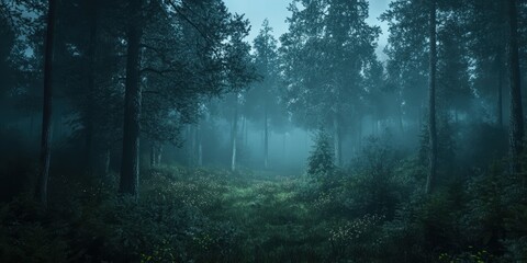Obraz premium Dark, foggy forest with tall trees.