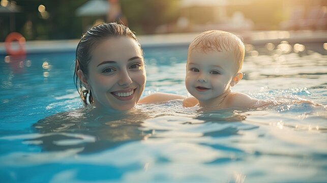 A mother and child swim in a pool. This image is ideal for websites or print materials that promote swimming lessons, family vacations, or pool safety.
