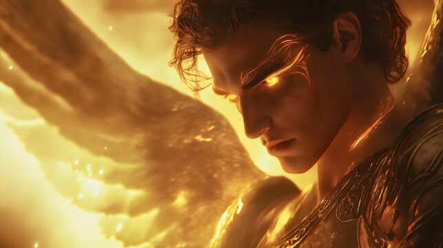 Archangel Uriel from the Bible is illuminated by his flames as he spreads his magnificent wings. He is an archangel often associated with wisdom and inspiration, with eyes that shine with light.