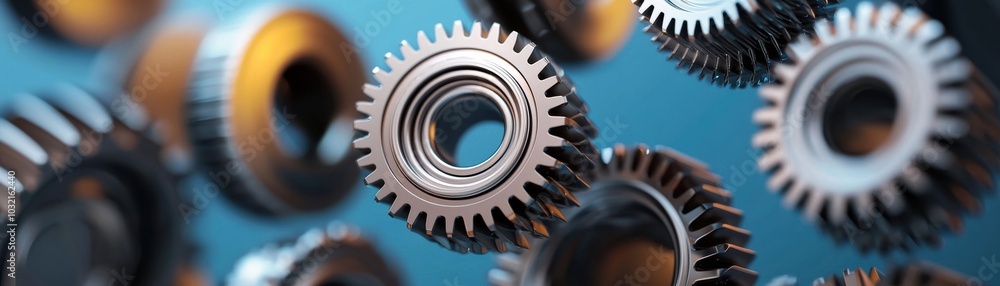 Poster close-up of metallic gears in motion, showcasing precision engineering and intricate design against 