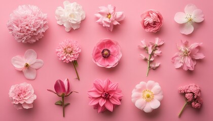 A vibrant collection of assorted pink flowers against a soft pink background