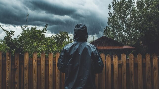 An individual in rain gear, securing the backyard fence, taking final precautions with storm clouds gathering ominously above