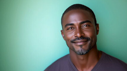 Obraz premium An African man in his 40s, with smooth, even-toned skin, smiling warmly against a light green background