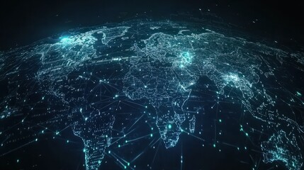 A digital representation of global connectivity featuring a network of data points and lines over a map of the Earth, all illuminated against a dark background