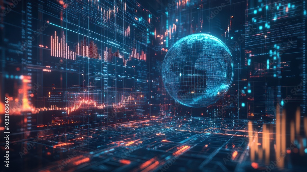 Poster a digital representation of the earth surrounded by data visuals and graphs in a futuristic financia