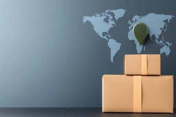 Stylish cardboard packages on a solid surface with a world map backdrop, ideal for logistics, shipping, or global commerce themes.