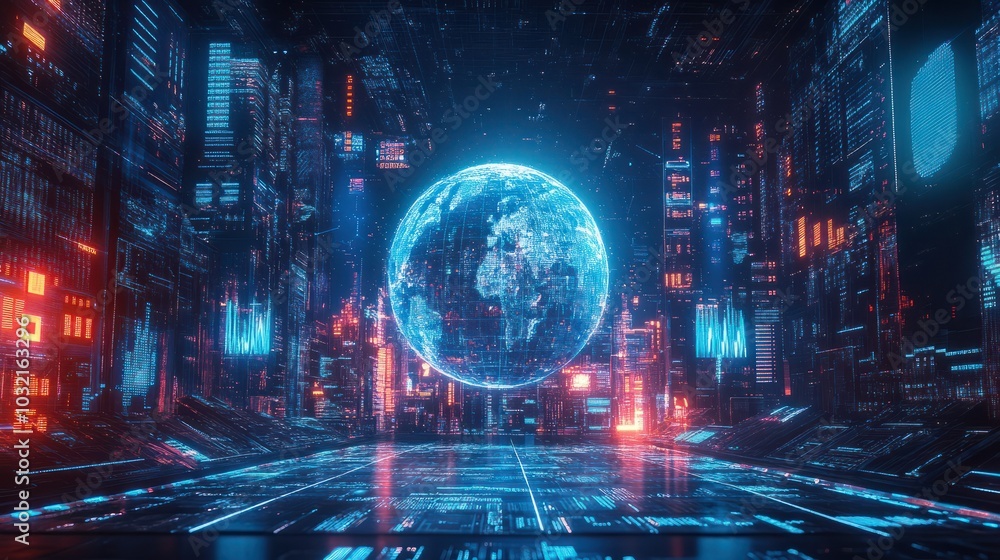 Poster a digital representation of the earth surrounded by data visuals and graphs in a futuristic financia