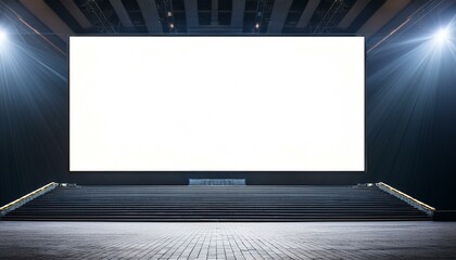 Obraz premium Perspective view on big blank white illuminated screen with place for your text or logo in empty huge hall with stage and stairway. 3D rendering, mockup