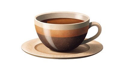 Isolated cup filled with dark coffee, resting on a matching saucer, perfect for a morning coffee break