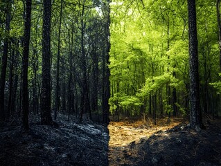 Obraz premium Lush Green Forest Contrasted with Charred Woodland Split Landscape Photography Concept