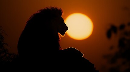 Naklejka premium Lion Silhouette Against a Setting Sun in the African Savanna