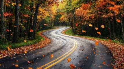 Obraz premium Winding paved road through a colorful autumn forest with falling leaves.