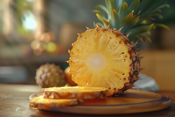 Pineapple fruit cut on wooden