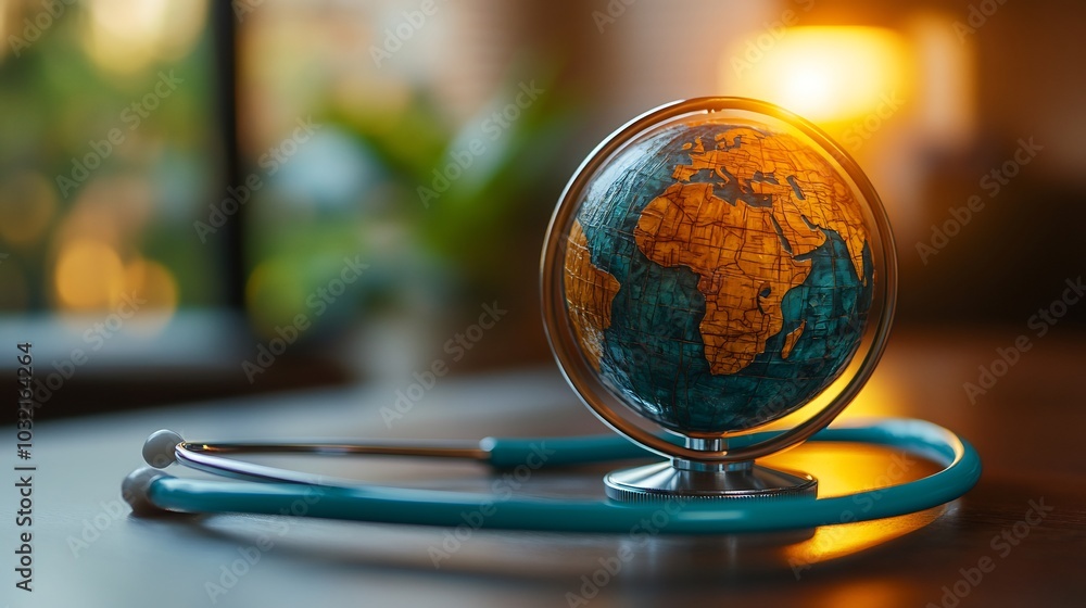 Poster vibrant image of a handmade globe inside a stethoscope representing global health and environmental 