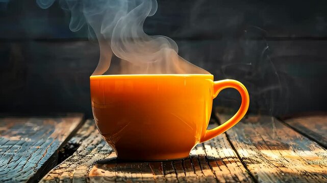 Orange cup of steaming coffee on rustic table, morning warmth concept.