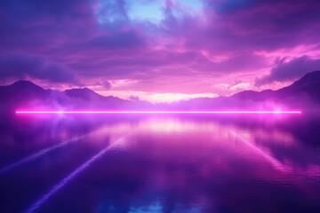 Fototapeta premium A pink neon light shines over a calm lake. Perfect for fantasy, futuristic or abstract designs.