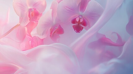 ethereal orchids in full bloom, their petals like butterfly wings poised for flight delicate gradients transition from fuchsia to alabaster enigmatic centers reveal nature's artistry stems curve
