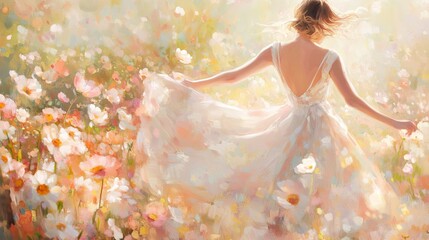 Ethereal spring vision, Beautiful woman from behind walking on a field of flowers, diaphanous flowery gown billowing in gentle breeze, sunlight filtering through petals, impressionistic brushstrokes,