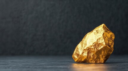 Naklejka premium A shimmering gold nugget glimmers under soft light, showcasing its unique texture and natural beauty against a dark background.