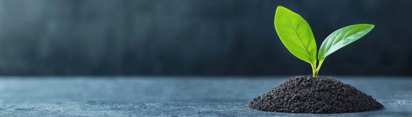 A young green plant sprouting from dark soil, symbolizing growth, life, and sustainability in a serene environment.