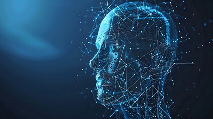 A digital rendering of a human head constructed from interconnected lines and nodes.  The head is turned to the side, and the background is a dark blue with a bright light source on the left.