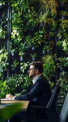 Businessman Discussing Sustainable Business Models in Green Covered Boardroom with Copy Space