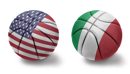 basketball balls with the national flags of united states of america and italy on the white background.