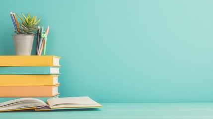 Brightly colored folders, notebooks, and stationery items stacked on a desk, ideal for backtoschool sales