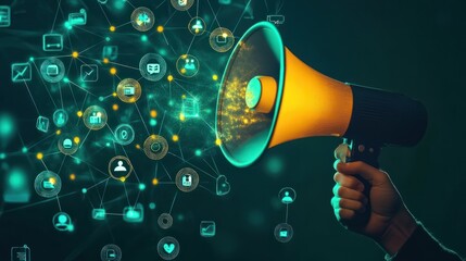A hand holding a megaphone with glowing social media icons and people symbols on a dark green background, concept of marketing or advertising a social network service.
