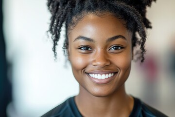 A woman wearing a black shirt smiles directly at the camera, conveying friendliness and approachability