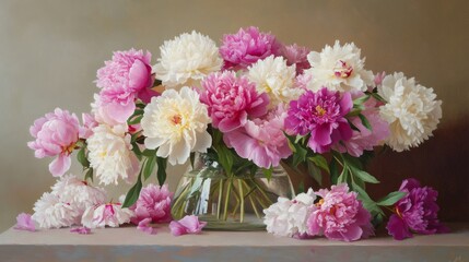 sun-dappled flower shop bursting with lush, ruffled peonies in shades of blush, cream, and magenta, their heady fragrance almost palpable in this hyper-realistic still life