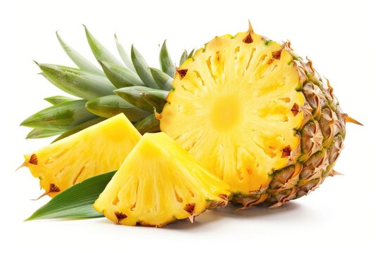 pineapple juicy yellow fruit with slices and leaf isolated on white background - Powered by Adobe