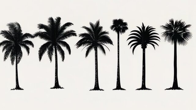 A row of seven palm trees stand tall against a white background