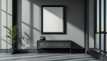 Elegant grey gallery room with decorative drawer and mockup frame design
