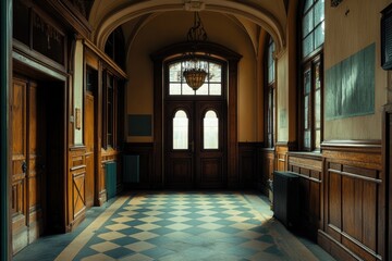 A hallway with a checkered floor and a chandelier, great for interior design or architecture illustrations