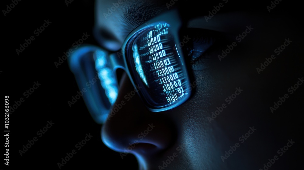 Poster closeup of a person looking at a computer screen with binary code reflected in their glasses