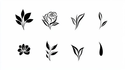 minimalist set of flower symbols in stark black and white rose rendered in bold, sweeping lines; leaf depicted with precise veination abstract floral forms balance negative space clean, versatile