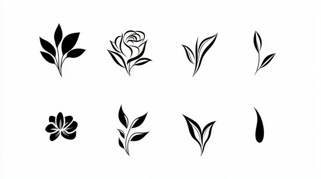 minimalist set of flower symbols in stark black and white rose rendered in bold, sweeping lines; leaf depicted with precise veination abstract floral forms balance negative space clean, versatile