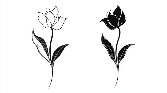 minimalist set of flower symbols in stark black and white rose rendered in bold, sweeping lines; leaf depicted with precise veination abstract floral forms balance negative space clean, versatile