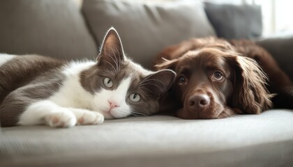 A cat and dog relaxing together on the sofa in a cozy living room